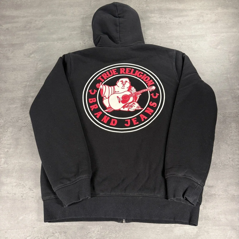 True Religion Logo Seal Sherpa Zip Hoodie Mens‎ Small Black Red Buddha Graphic